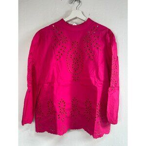 J.Crew Women Mockneck Cotton Poplin Top Embroidered Eyelet XL Pink AR175 New
